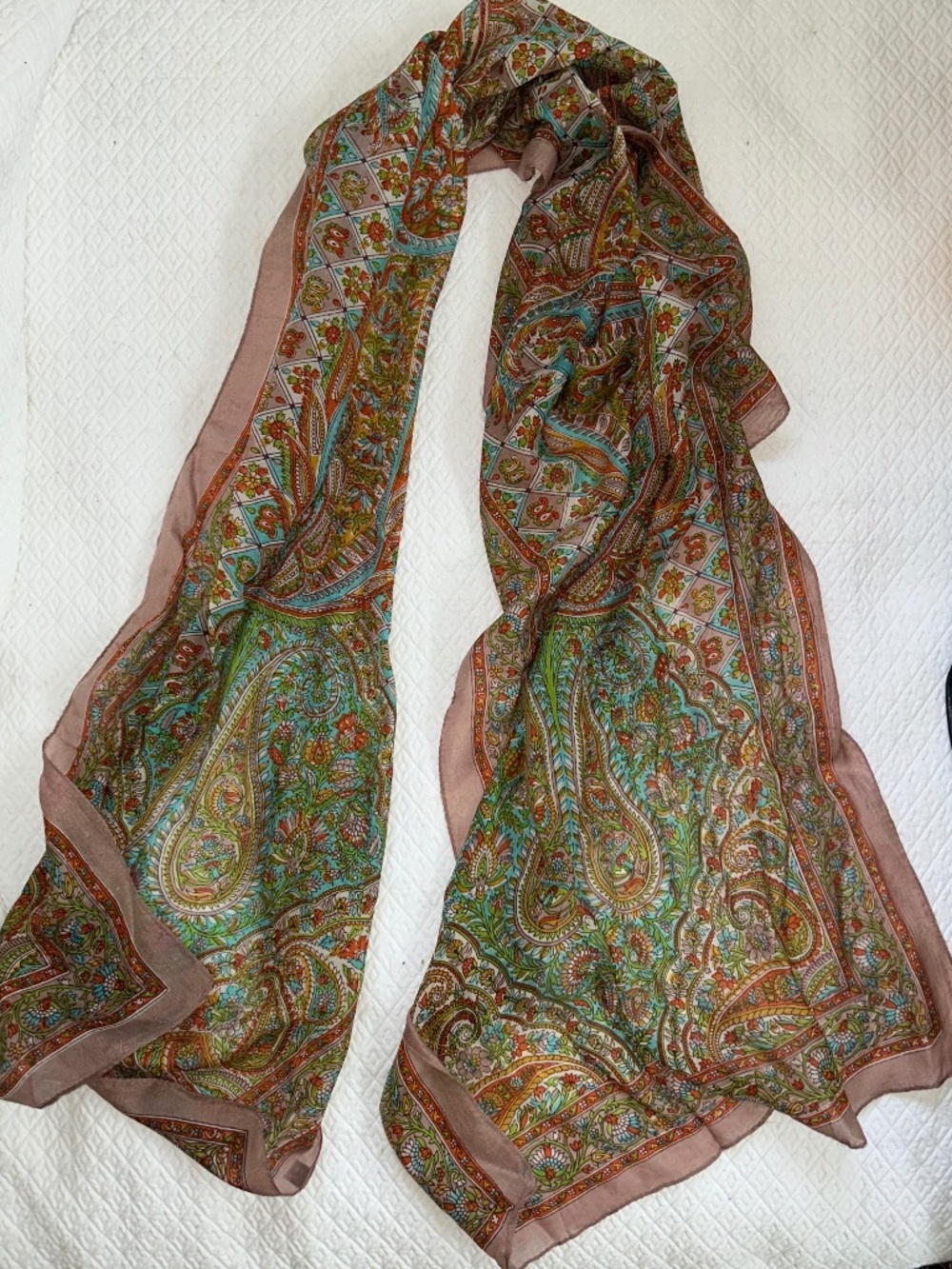 Ethnic Indian wear 100% silk green terracotta pink paisley rectangle scarf